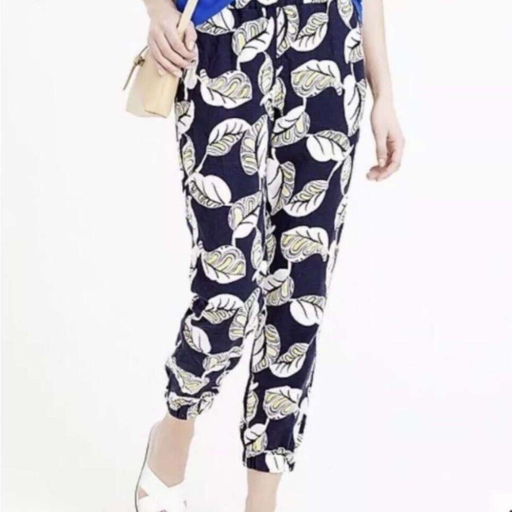 J.Crew Seaside pant in a navy blue, white, and yellow leaf print linen blend 2